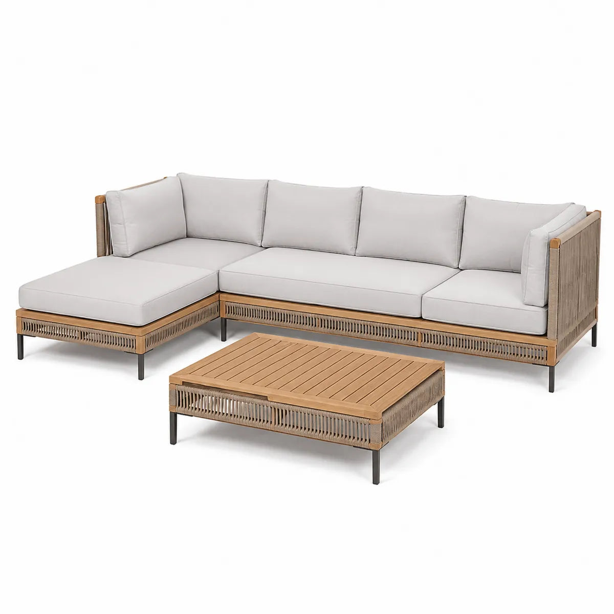 Zestaw narożny z drewna teak i aluminium z szarymi poduszkami