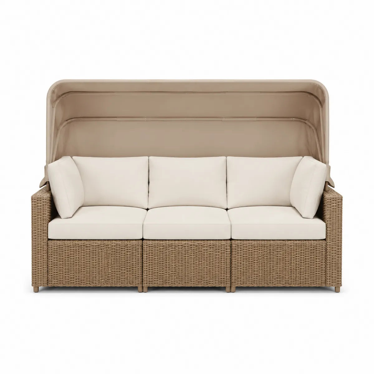 Sofa ogrodowa 3-osobowa z daszkiem z rattanu PE beżowa z kremowymi poduszkami