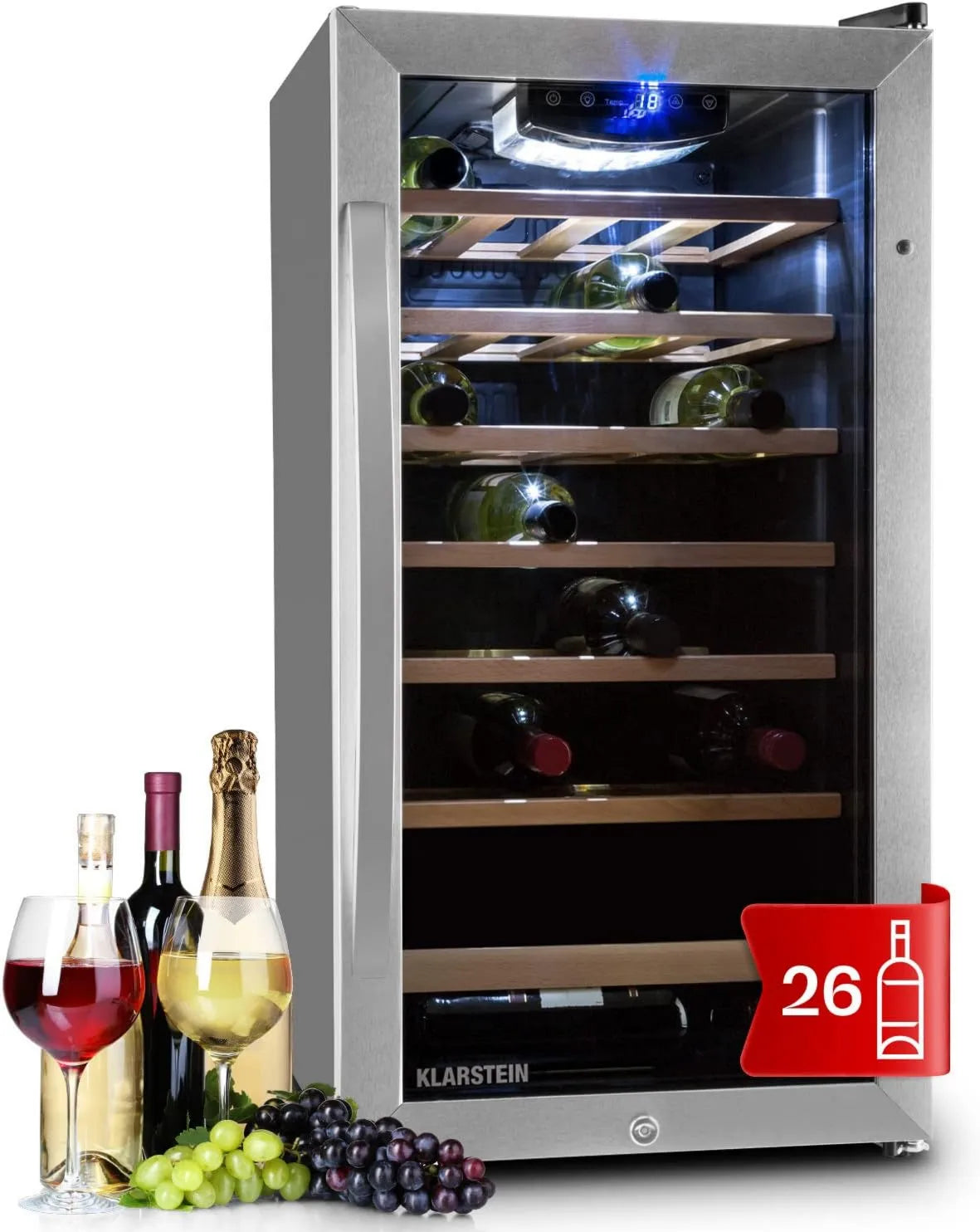 KLARSTEIN, Winiarnia elektryczna, 26 butelek, 5 do 18°C, dotyk, ekran dotykowy, Lodówka Bar, Ochrona przed promieniowaniem UV