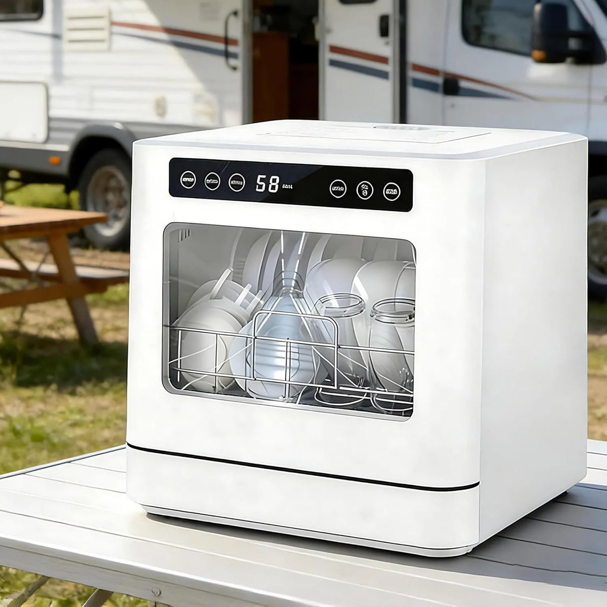 QIUNAOZI zmywarka przenośna, Zmywarka, 5 programów, przenośne, kemping, Wysoka temperatura 75°C, 167 ° F, Podwójny Jet 360 °, do apartamentów, Myć 8 Boli I Płyty