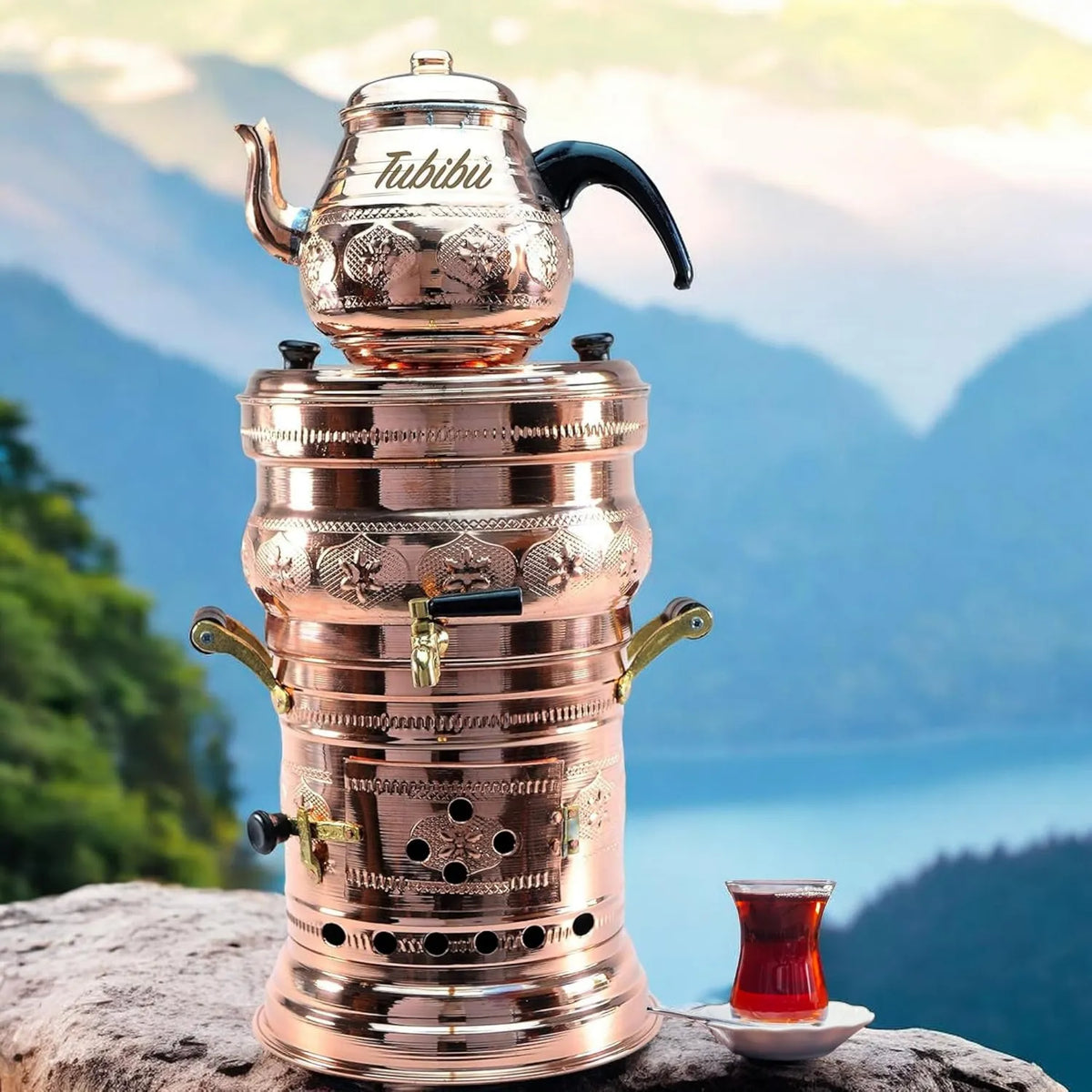 Tubibu, średniej wielkości, Samovar miedziany czajnik zestaw ręcznie z węgla