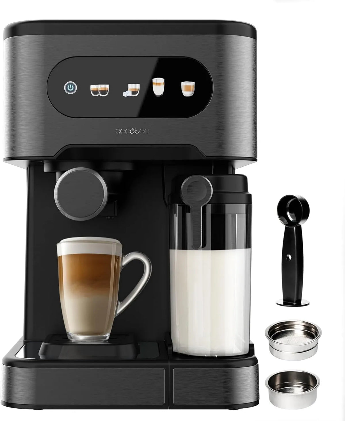 Cecotec ekspres ciśnieniowy, 1350 W, 20 bar, 1,5 l, 500 ml, sterowanie dotykowe, ekran dotykowy, zbiornik na wodę 1,5 l, stal ciemna, podwójne ramię