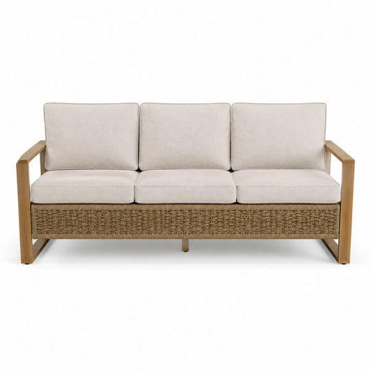 Drewniana i rattanowa sofa ogrodowa 3-osobowa z poduszkami beżowa