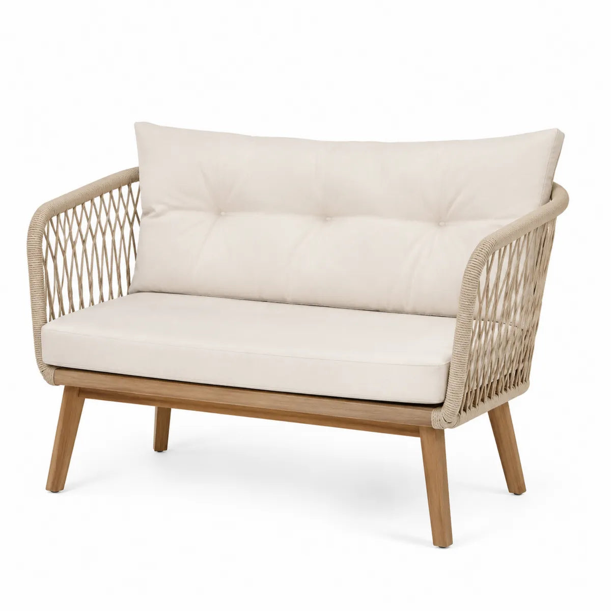 Beżowa sofa dwuosobowa z drewna tekowego i aluminium