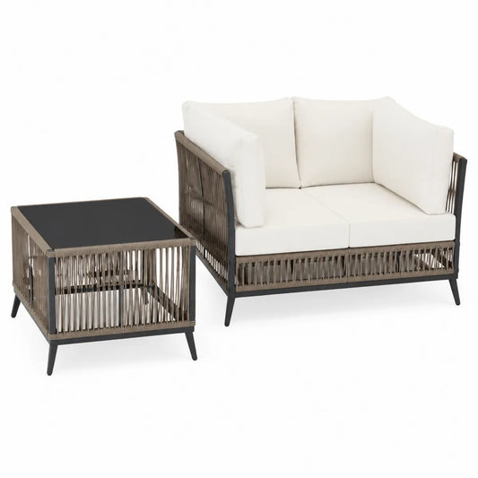 Zestaw ogrodowy sofa i stolik sznurek metal szkło hartowane kremowy