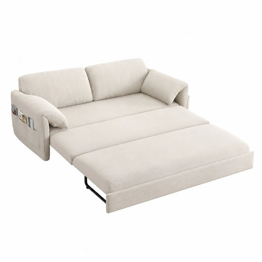 Rozkładana sofa łóżko beżowa, tkanina poliestrowa, stalowa rama