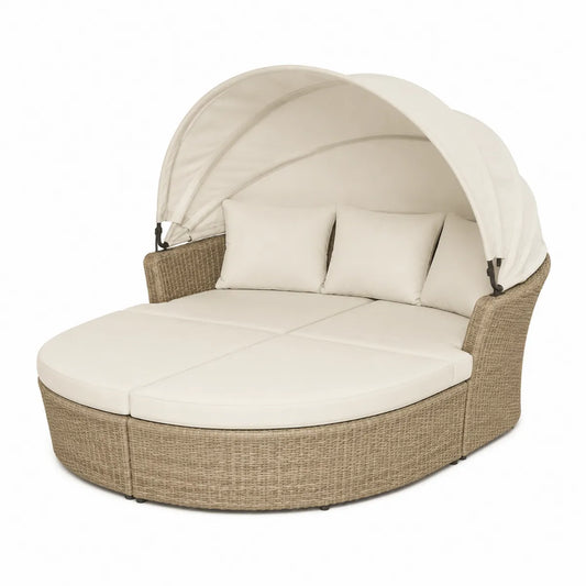 Owalna sofa z baldachimem z technorattanu kremowa 180 cm