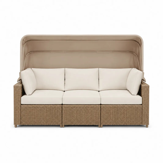 Sofa ogrodowa 3-osobowa z daszkiem z rattanu PE beżowa z kremowymi poduszkami