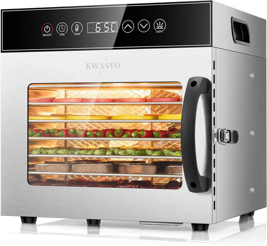 Kwasyo Suszarka ze stali nierdzewnej 600 W z 8 poziomami, 20 cm, timer, profesjonalna suszarka do żywności i suszenie pomidorów, cyfrowy timer