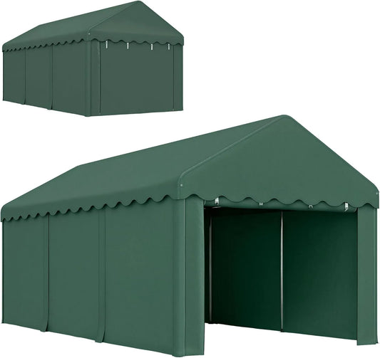 Outsunny okap kuchenny, 3 x 6 m, 180 g, Wiata garażowa 3 x 6 m z drzwiami przesuwnymi, zdejmowane ściany boczne, odporna na działanie promieni UV