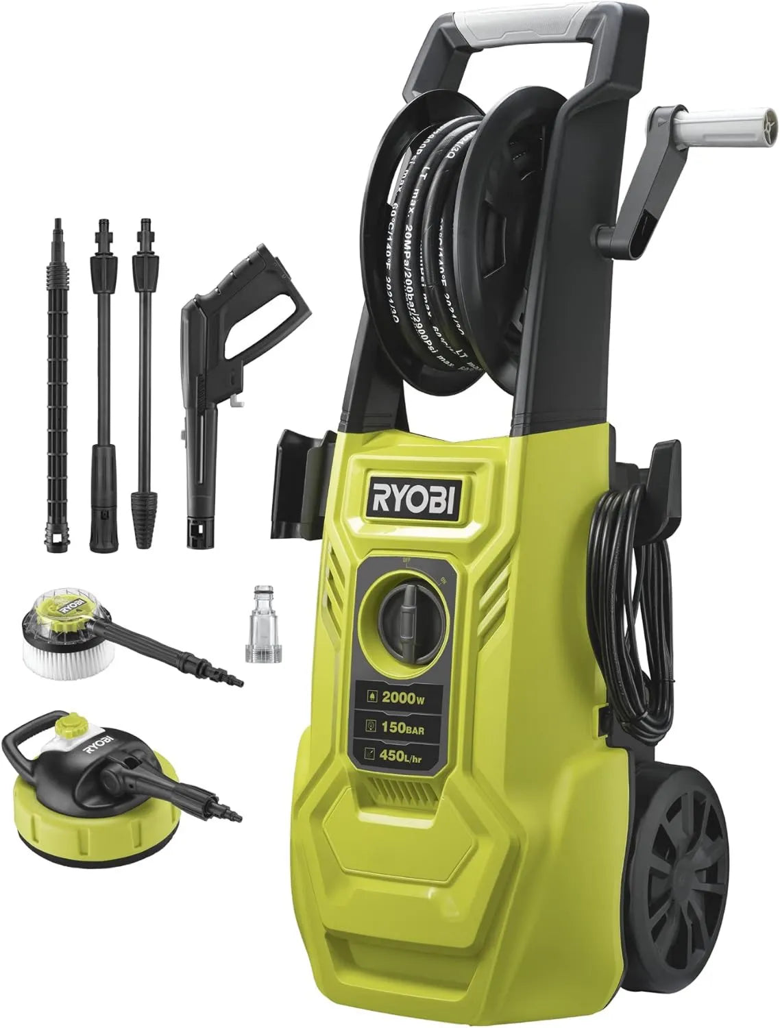 RYOBI, RY150PWA wysokociśnieniowy, 450 l, 2000 W, duży zbiornik, 8 m elastyczny