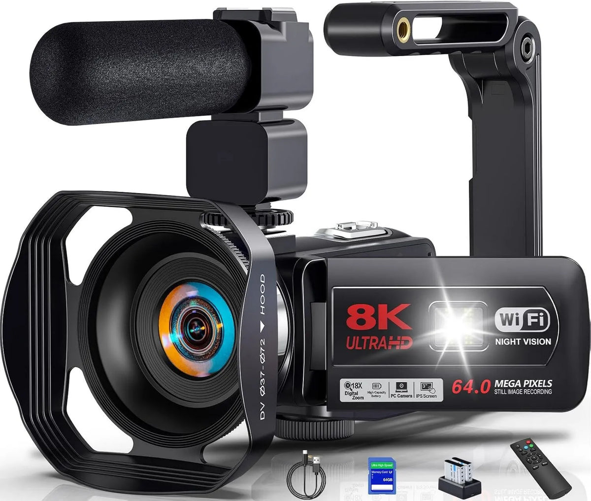 PITIKI, Model 64MP 18X, Kamera wideo 8K 64MP WiFi Wizja Nighttime IR Vloging Camera, 3 'Ekran dotykowy, Cyfrowy zoom 18X, 2 komórki, karta SD 64