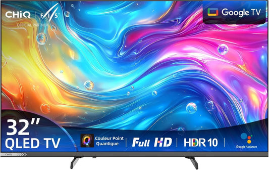 CHiQ, Google L32QST Smart TV, 32 cali, TV, QLED, HDR, potrójny tuner DVB- T2, S2, dźwięk Dolby, Full HD, kompatybilny z Apple AirPlay, Dolby Audio DVB-T2