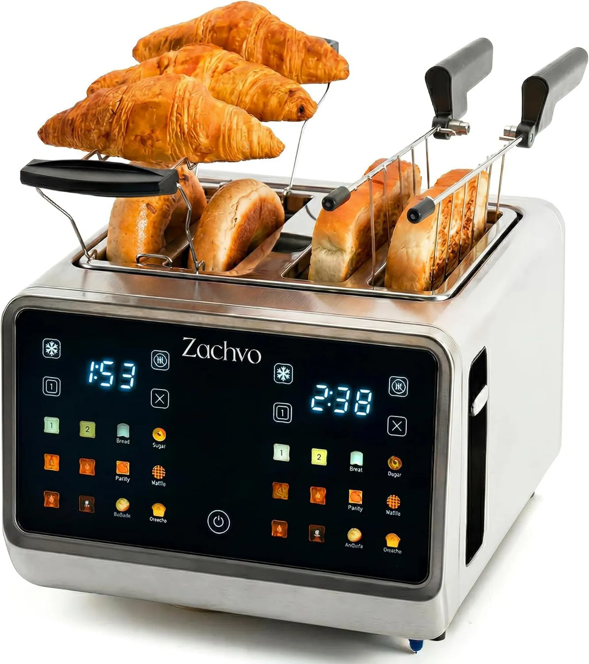 ZACHVO, Toster, 2 pola grzewcze, 6 programów, free point, dotyk, stal nierdzewna, 2 Strefy niezależne, Extra- Large Slots 3, 7 cm, Duży ekran dotykowy