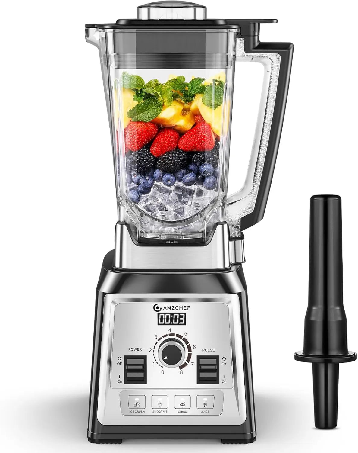 AMZCHEF blender kielichowy, Mikser, 2 l, 2000 W, 4 programów, Efekt 3D, profesjonalny, stal nierdzewna, 25, 000 obr. / min, 8 prędkości, Bezwładniający