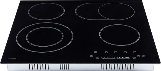 AREBOS płyta grzewcza, Płyta ze szkła ceramicznego, 59 cm, 6600 W, dotyk, zamek, elektryczny stół do gotowania, Czujnik dotykowy, 4 pola grzewcze, ochrona przed przegrzaniem