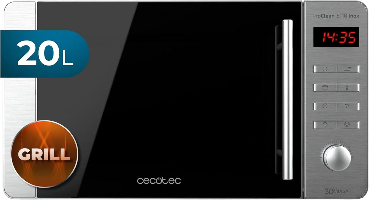 Cecotec, Ready2Clean 3DWave kuchenka mikrofalowa, 20 l, 700 / 800 W, 8 programów, licznik czasu, grill, stal nierdzewna, mikrofalówka, LED ekran, 5 poziomów