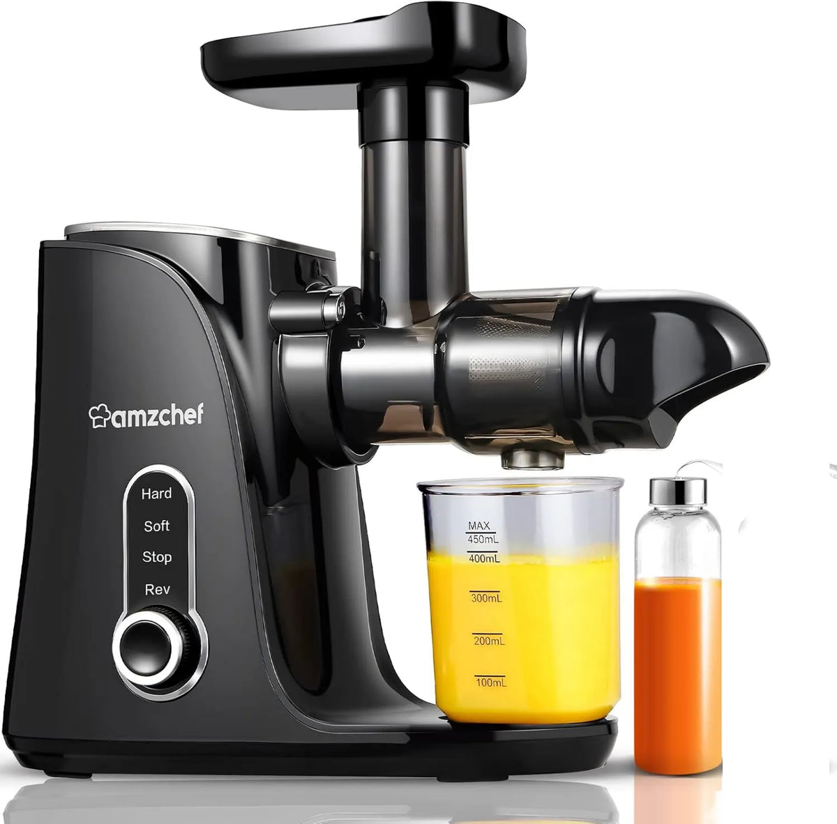 Wyciskarka do soku, AMZCHEF Cold Press Sokowirówka do Owoców/Warzyw z 2 Prędkościami, Wyciskarka do Soków z Ultra Gęstym Filtrem, 1 Butelka i 2 Kubki