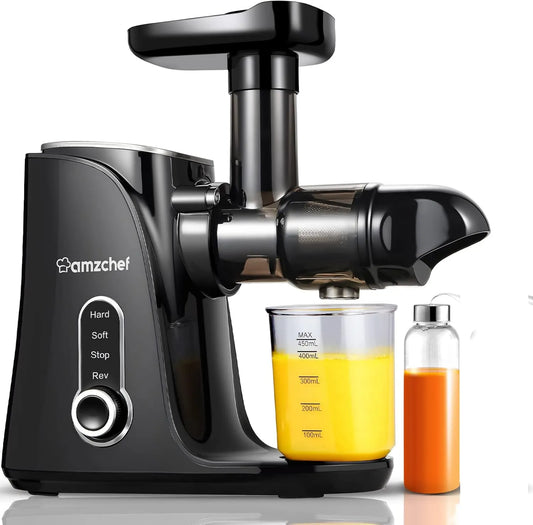 Wyciskarka do soku, AMZCHEF Cold Press Sokowirówka do Owoców/Warzyw z 2 Prędkościami, Wyciskarka do Soków z Ultra Gęstym Filtrem, 1 Butelka i 2 Kubki
