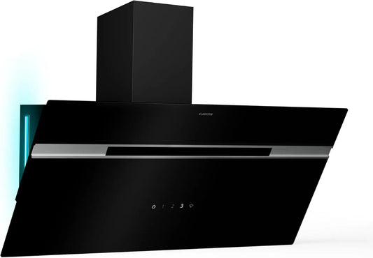 KLARSTEIN okap kuchenny, 90 cm, 615 m3 / h, 63 dB, klasa energetyczna A, dotyk, tłumik, czarny, wielokolorowy LED, przepływ powietrza 615 m3/h