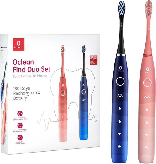 Oclean, 30s IPX7 zestaw prezentów czerwony + niebieski, 180 dni autonomii, Zestaw 2 Sonic elektryczne szczoteczki do zębów, 5 regulowane tryby, Reminder