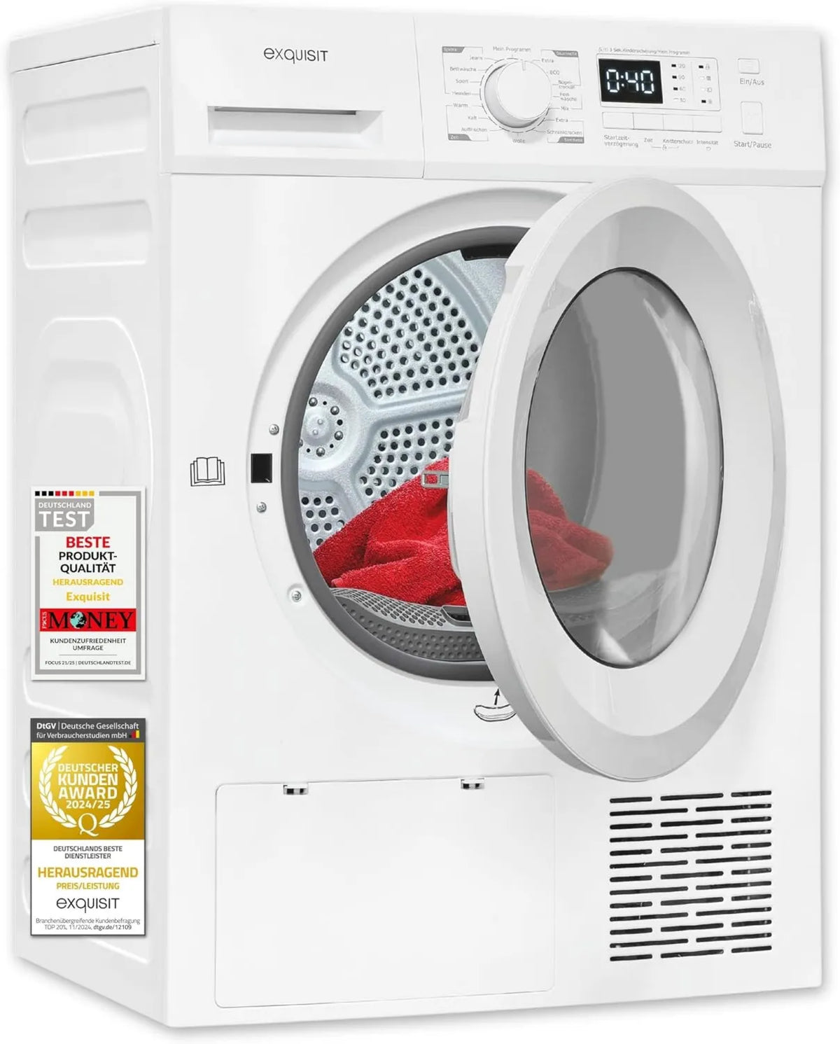 Exquisit suszarka z pompą ciepła, Wyśmienite TWP803- 031D Suszarka, 16 programów, 8 kg, blokada, biały, oświetlenie wewnętrzne LED, ochrona przeciwszkliwa, bezpieczeństwo dzieci TWP803-031D
