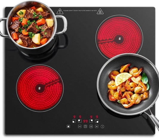KICHPOWER płyta grzewcza, Płyta ze szkła ceramicznego, 60 cm, 4 pola grzewcze, 6000 W, do zabudowy, dotykowe, minutnik, licznik 1-99 min, 9 poziomów mocy, kompatybilne wszystkie